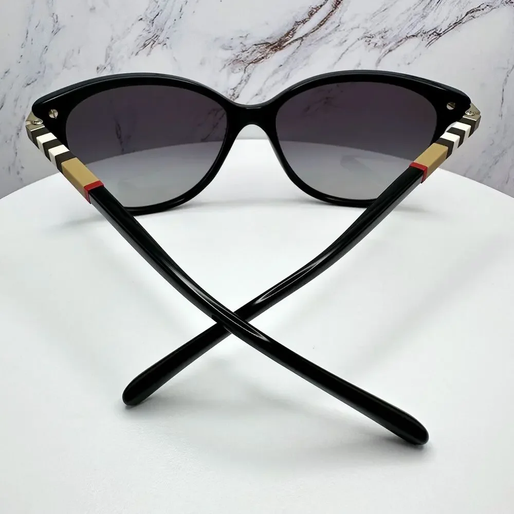 New Burberry Sunglasses Black Cat Eye Check Arms Gold Hardware Womens BURBERRY